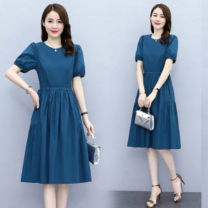 Solid Color Round Neck Puff Sleeves Tie Knot A Line Skirt Midi Dress - Blue