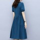 Solid Color Round Neck Puff Sleeves Tie Knot A Line Skirt Midi Dress - Blue image