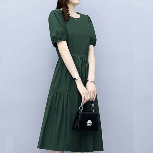 Solid Color Round Neck Puff Sleeves Tie Knot A Line Skirt Midi Dress - Green image