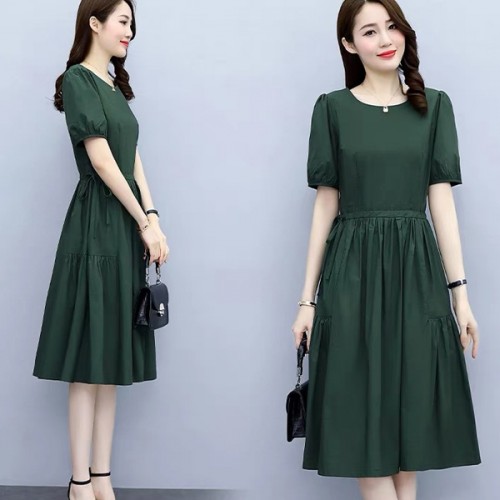 Solid Color Round Neck Puff Sleeves Tie Knot A Line Skirt Midi Dress - Green image