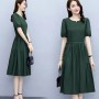 Solid Color Round Neck Puff Sleeves Tie Knot A Line Skirt Midi Dress - Green