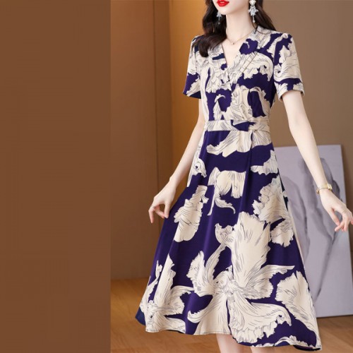 Elegant Style V-neck Floral A-line Tie Knot Women Skirt Midi Dress - Blue image