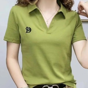 Solid Color Polo Collar Short Sleeve Cotton Loose Tees Women T-shirt - Green