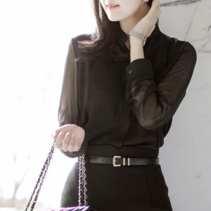 Casual Mesh Patchwork Blouse Long Sleeve Transparent Women Tops - Black
