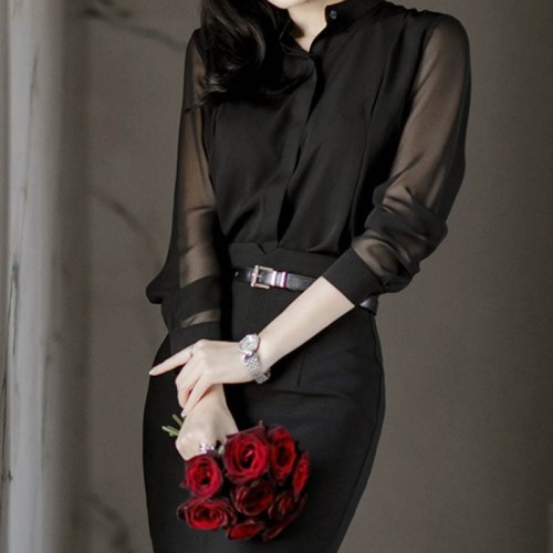 Casual Mesh Patchwork Blouse Long Sleeve Transparent Women Tops - Black image