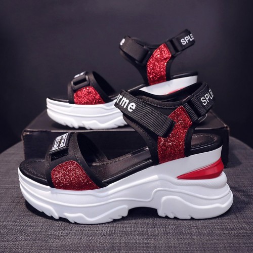 Luxury Strappy Thick Bottom Velcro Fish Mouth Sports Sandals - Red image