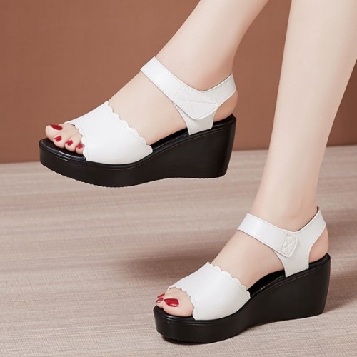 Sporty Velcro Closure Soft Sole Strappy Open Toe Wedge Sandals - White image