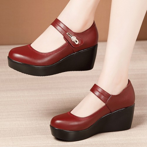 Platform Round Toe Soft Sole Wedge Women Casual Shoes - Red image