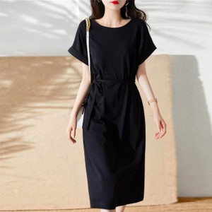 Solid Color Loose Waist A Line Round Neck Women Midi Dress - Black
