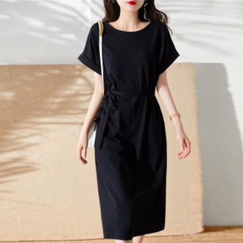 Solid Lace Up Loose Waist A Line Round Neck Women Midi Dress - Black image