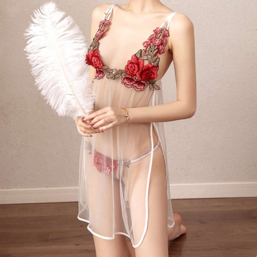Elegant Rose Design V Neck Transparent Lingerie Nightdress Set - White image