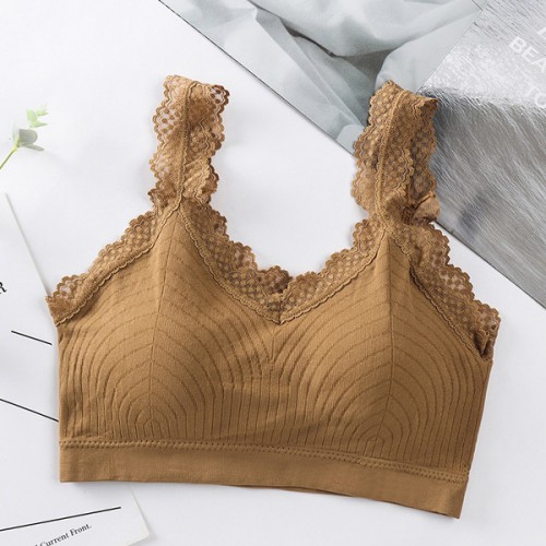 Elegant Beauty Back Camisole Lace Wrapped Padded Sports Bra - Brown image