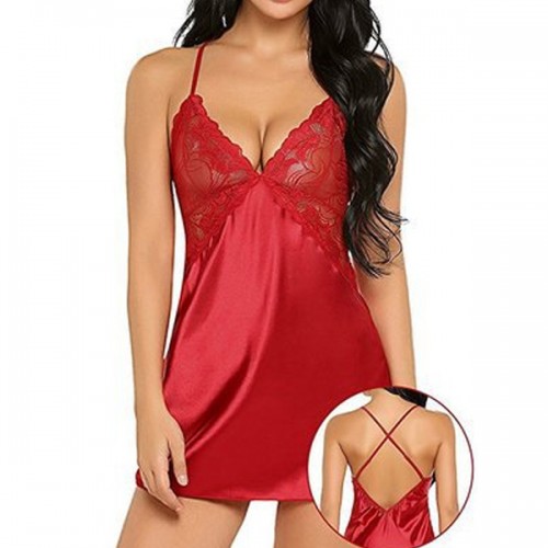 Elegant Nightgown Patchwork Lingerie Lace Satin Chemises Nightdress - Red image