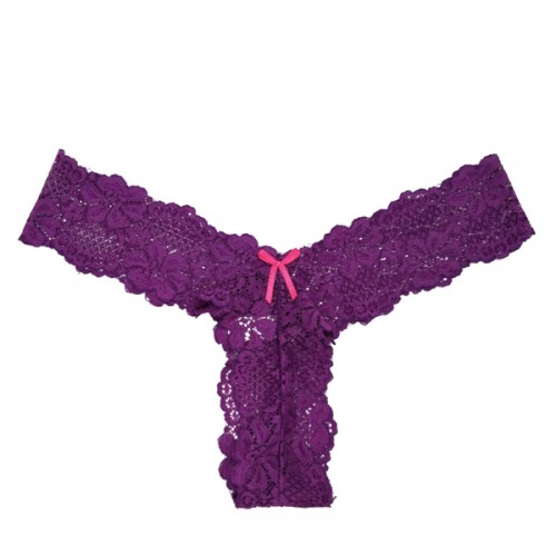 Good Look Women's Hollows Out Lace Floral Thong Panty Underwear - Purple image