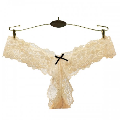 Good Look Women's Hollows Out Lace Floral Thong Panty Underwear - Beige image