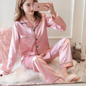 Sloid Color Silk Lapel Long Sleeve Pajama Cardigan Nightwear - Pink