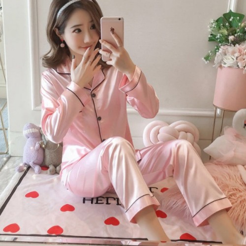 Sloid Color Silk Lapel Long Sleeve Pajama Cardigan Nightwear - Pink image