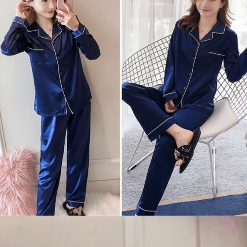 Sloid Color Silk Lapel Long Sleeve Pajama Cardigan Nightwear - Blue image