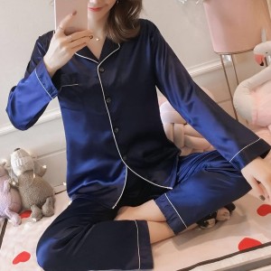 Sloid Color Silk Lapel Long Sleeve Pajama Cardigan Nightwear - Blue