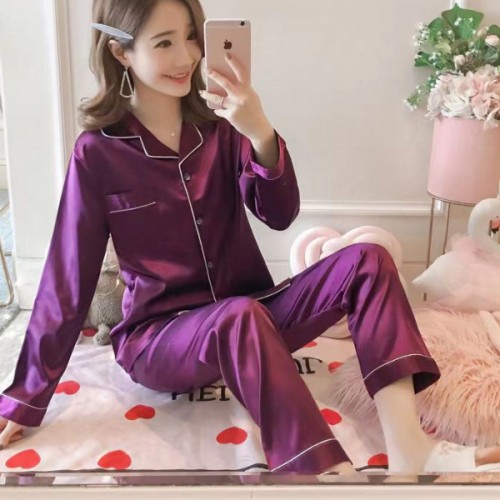 Sloid Color Silk Lapel Long Sleeve Pajama Cardigan Nightwear - Purple image
