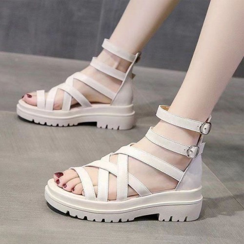 Square Heel Strappy Back Zipper Open Toe Sports Sandals - White image