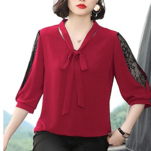 Super Fairy V-neck Pullover Bowknot Loose Belly Covering Women Tops - Red