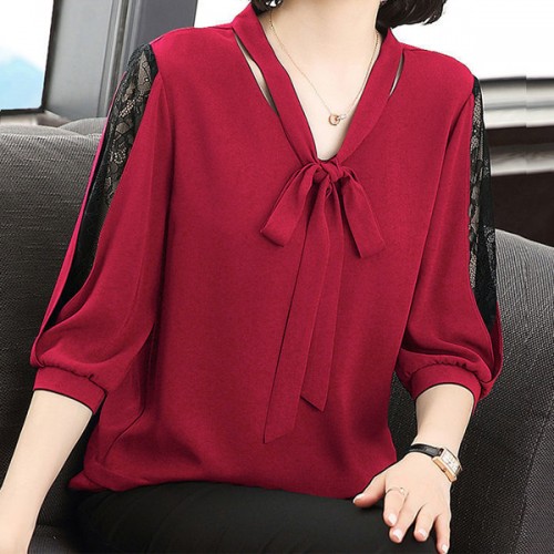 Super Fairy V-neck Pullover Bowknot Loose Belly Covering Women Tops - Red image