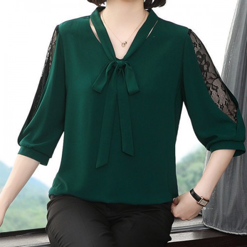 Super Fairy V-neck Pullover Bowknot Loose Belly Covering Women Tops - Green image