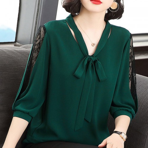 Super Fairy V-neck Pullover Bowknot Loose Belly Covering Women Tops - Green image