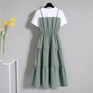 Suspenders Patchwork Fake Two Piece O-Neck Cupcake Midi Dress - Green