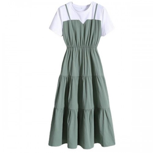 Suspenders Patchwork Fake Two Piece O-Neck Cupcake Midi Dress - Green image