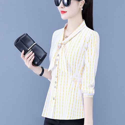 Fashionable Slimming Stripes Button Up Cardigan Bow Neck Women Tops - Yellow image