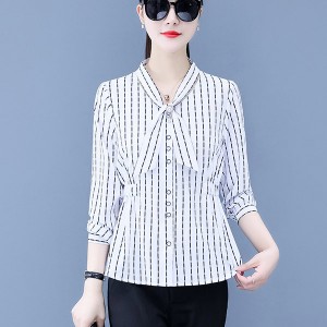 Fashionable Slimming Stripes Button Up Cardigan Bow Neck Women Tops - White