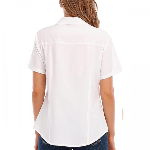 Trendy Plain Lapel Collar Button Closure Women Tops - White image