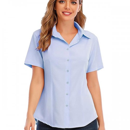 Trendy Plain Lapel Collar Button Closure Women Tops - Light Blue image
