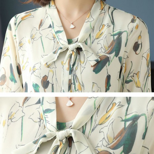Comfort & Leisure Floral Bow V-neck Half Flare Sleeve Blouse Tops - Cream image