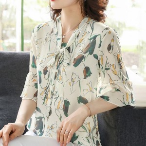 Comfort & Leisure Floral Bow V-neck Half Flare Sleeve Blouse Tops - Cream