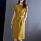 Solid Lace Up Loose Waist A Line Round Neck Women Midi Dress - Green image