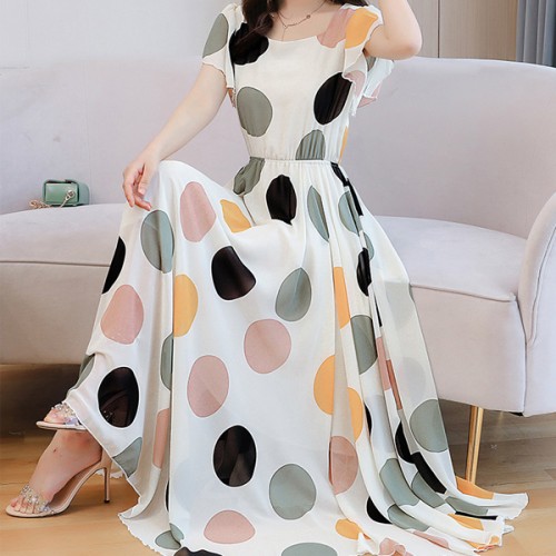 Elastic Waist Swing Polka Dot Square Neck Gown Maxi Long Dress - Cream image