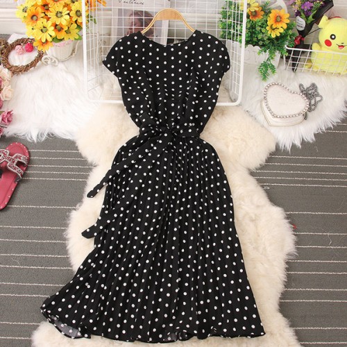 Elegant Polka Dot Sleeveless High Waist Midi Dress - Black image