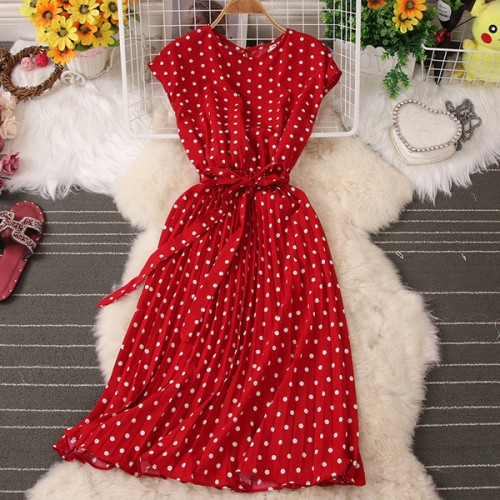 Elegant Polka Dot Sleeveless High Waist Midi Dress - Red image