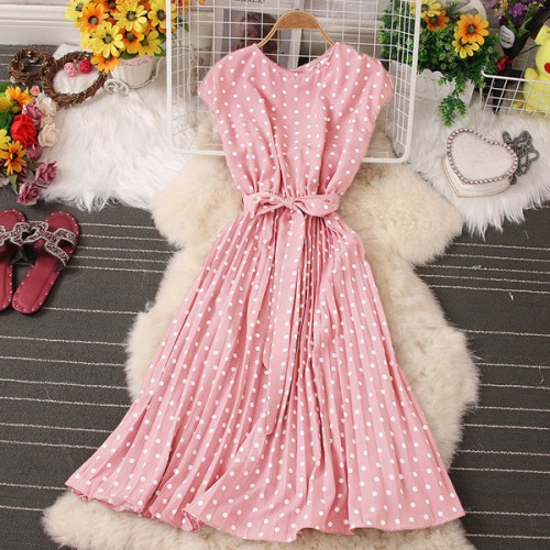 Elegant Polka Dot Sleeveless High Waist Midi Dress - Pink image