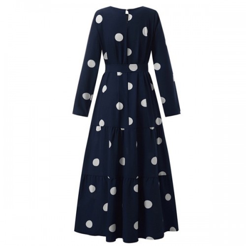 Vintage Polka Dot Full Sleeve A Line Long Maxi Dress - Blue image