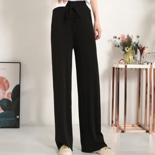 Soft Lace Up Wide Leg Long High Waist Palazzo Trouser Pants - Black image
