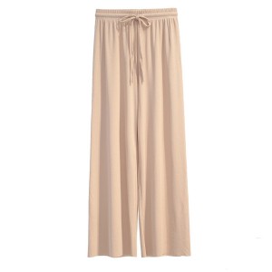 Soft Lace Up Wide Leg Long High Waist Palazzo Trouser Pants - Beige