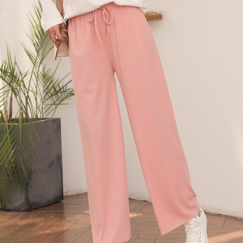 Soft Lace Up Wide Leg Long High Waist Palazzo Trouser Pants - Pink image