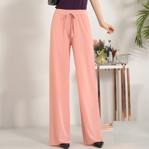 Soft Lace Up Wide Leg Long High Waist Palazzo Trouser Pants - Pink image