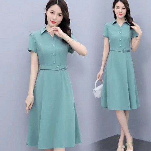 Solid Color High Waist Polo Collar Belted Midi Dress - Green image