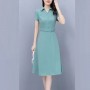 Solid Color High Waist Polo Collar Belted Midi Dress - Green