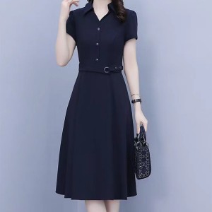 Solid Color High Waist Polo Collar Belted Midi Dress - Blue